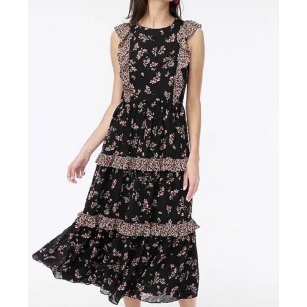 J. Crew Factory Sleeveless Floral Ruffle Tiered Maxi Dress Sz 2 Black Pink (V3